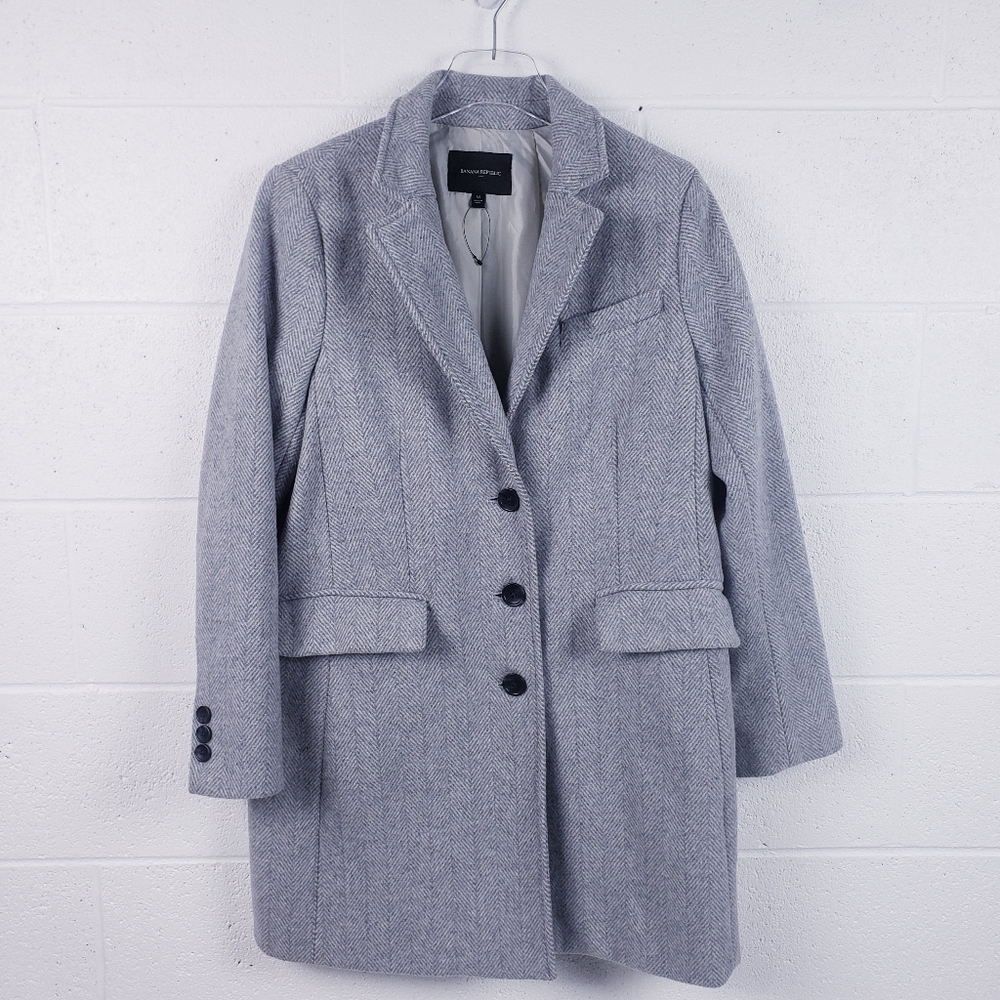 Banana Republic‎ Wool Blend Herringbone Overcoat Dress Coat Light Grey Medium